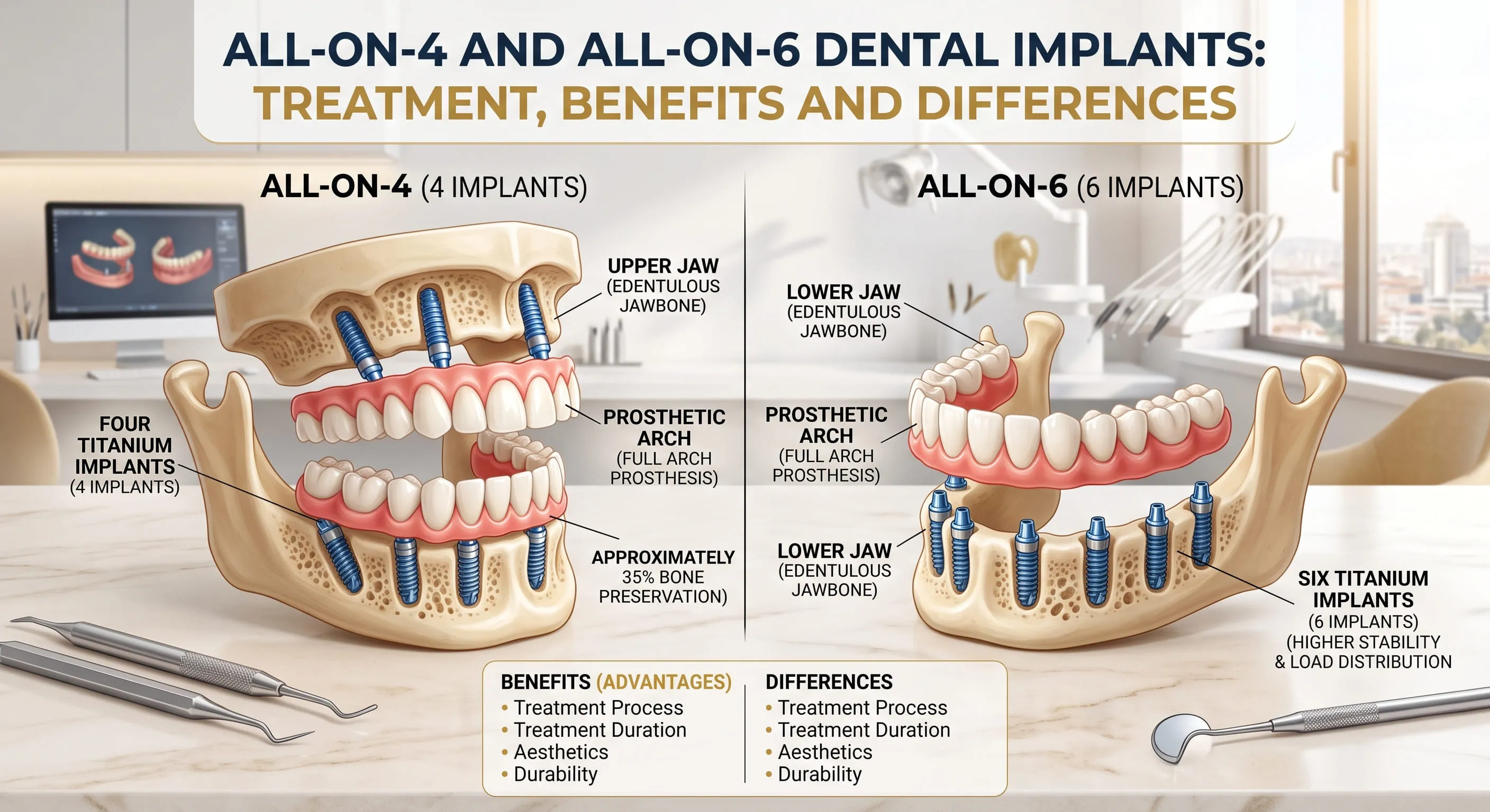 All-on-4 and All-on-6 Dental Implants: Treatment, Benefits and Differences